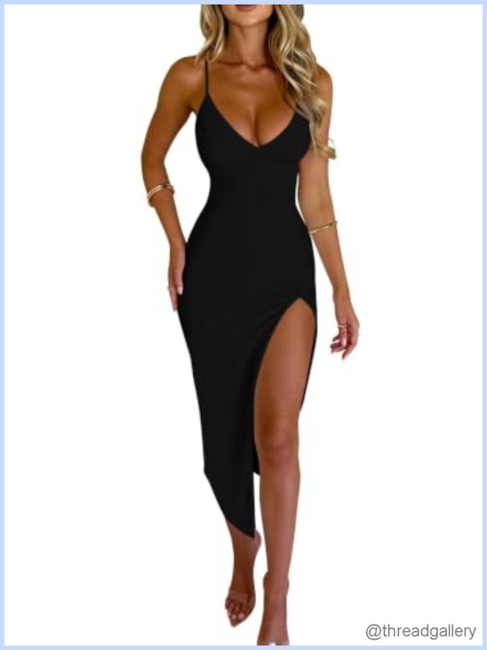 Sexy V Neck Spaghetti Strap High Slit Bodycon Cocktail Party Dress
